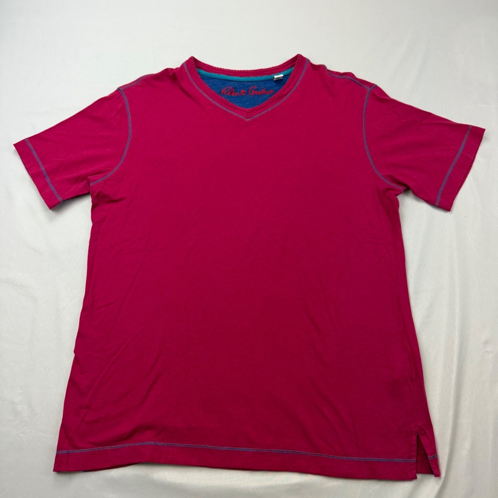 Robert Graham V-Neck T-Shirt Mens M Pink Short Sleeve Contrast Stitch Cotton